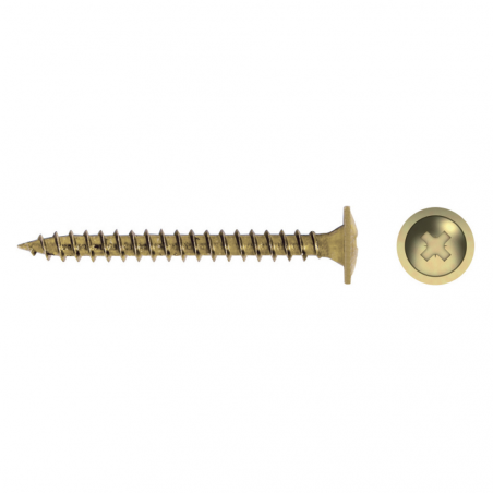 Tornillo rosca madera cabeza ancha CM con acabado latonado y ranura cruz