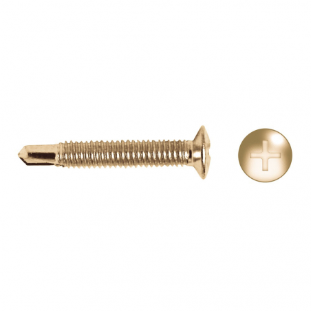 Tornillo de paso fino con punta broca HM acabado latonado y cabeza avellanada
